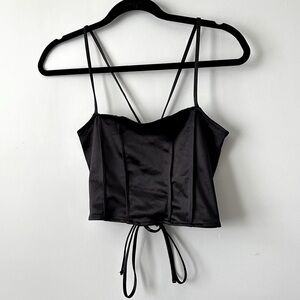 H&M Black Satin Crop Top with Lace Up Back